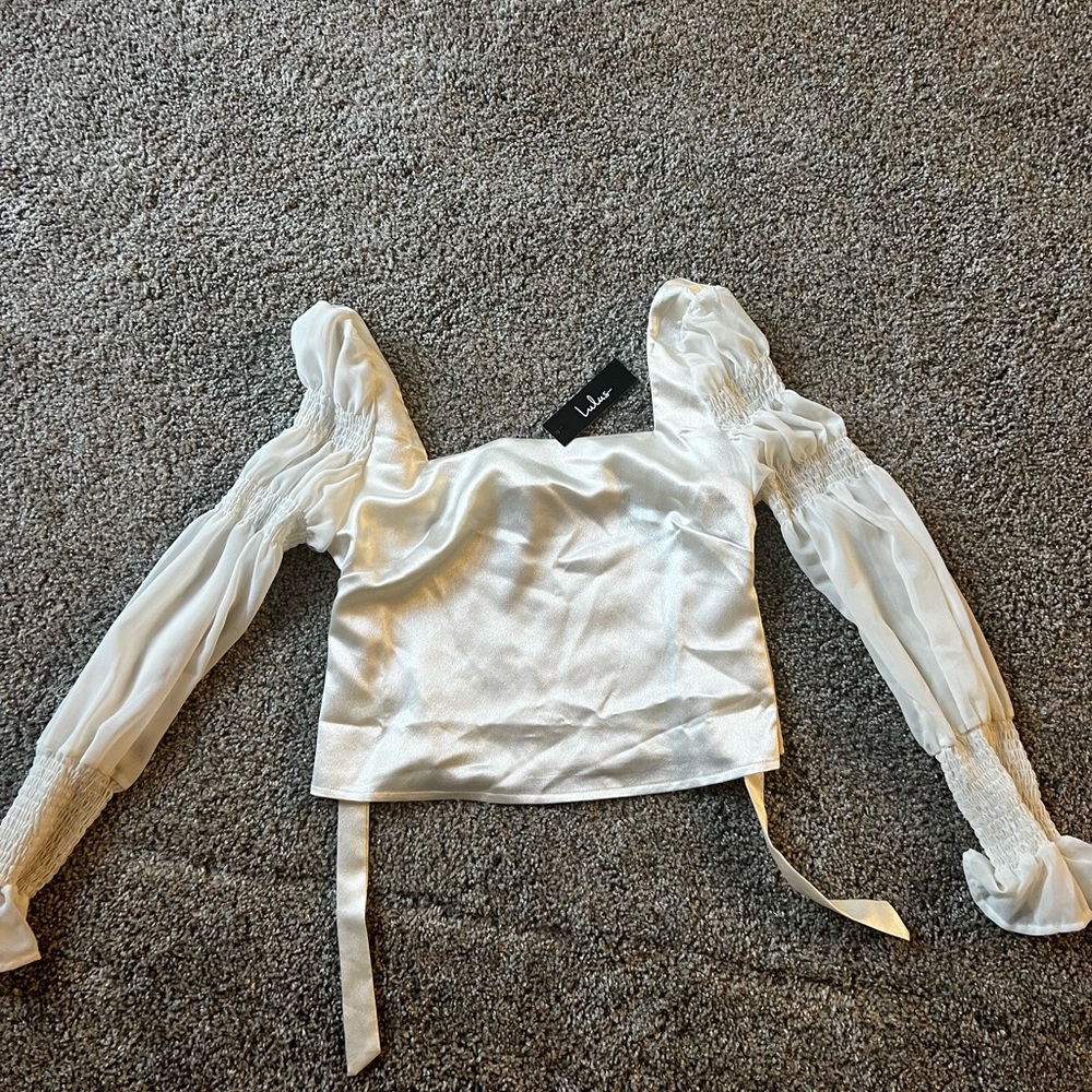 Style Streak Ivory Satin Square Neck Tie-Back Long Sleeve Top